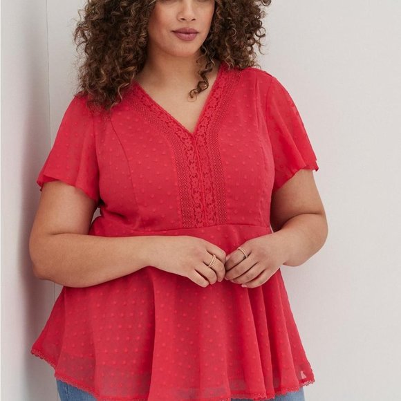 Torrid Peplum Chiffon Clip Dot Lace Inset Top - Picture 4 of 16